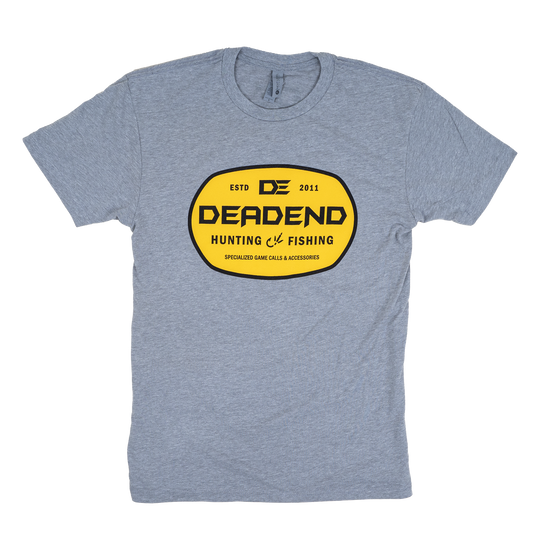 DE Dead End Hunting & Fishing Yellow Logo T-Shirt- DE6210 Heather Grey