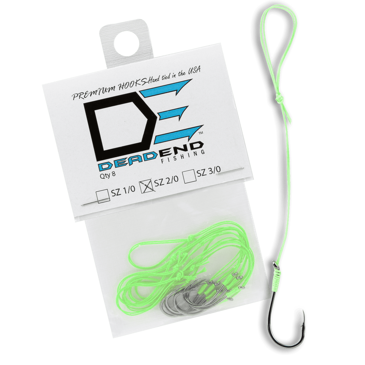 Dead End Fishing Hooks 2/0 65Lb Leader 8 Qty