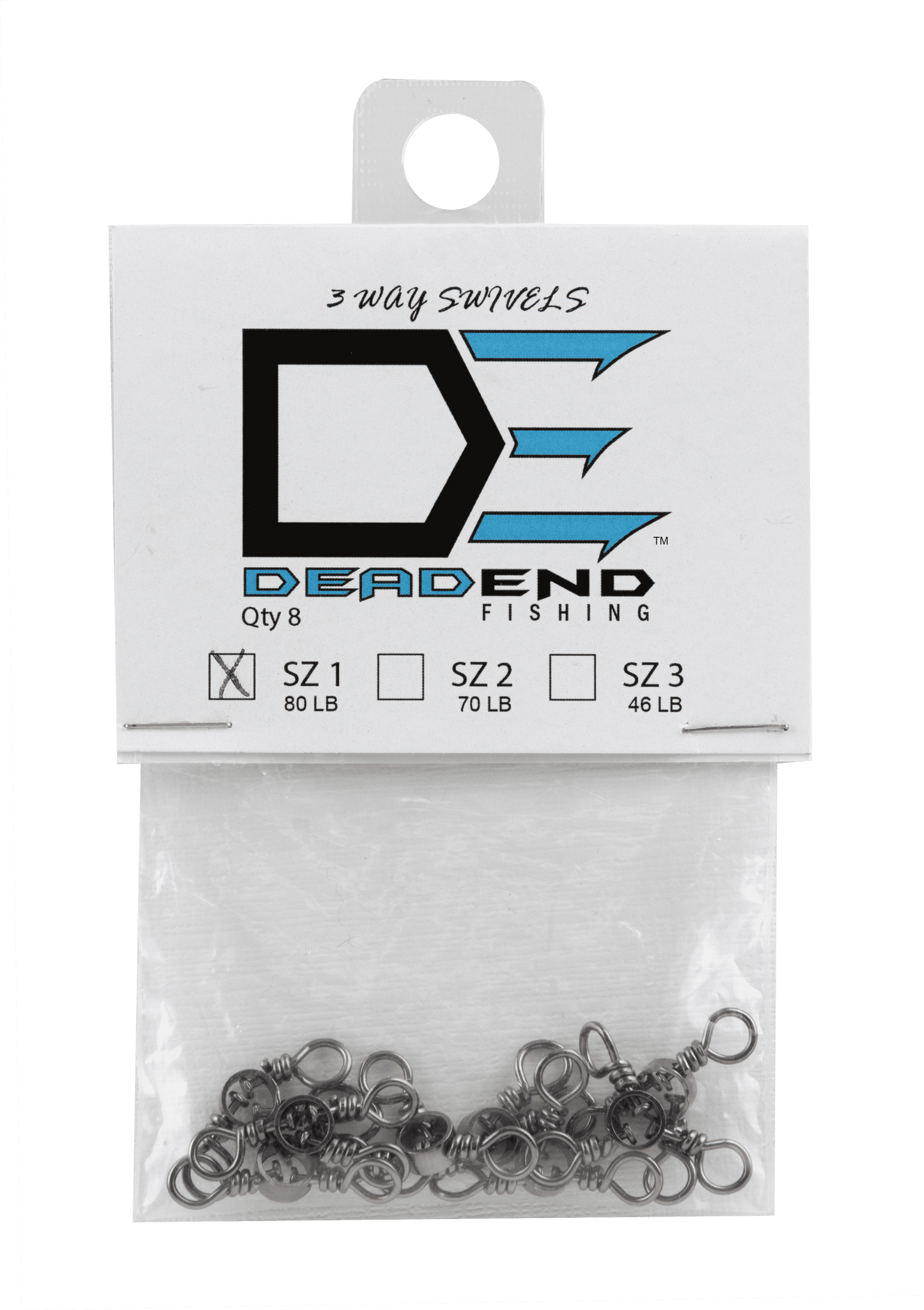 Dead End Fishing 3 Way Swivels Sz 1 80Lb 8 Qty