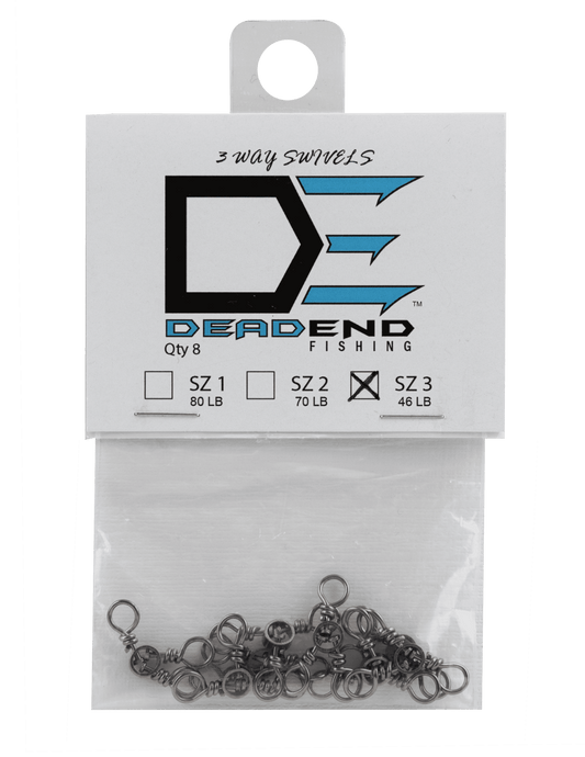 Dead End Fishing 3 Way Swivels Sz 3 46Lb 8 Qty