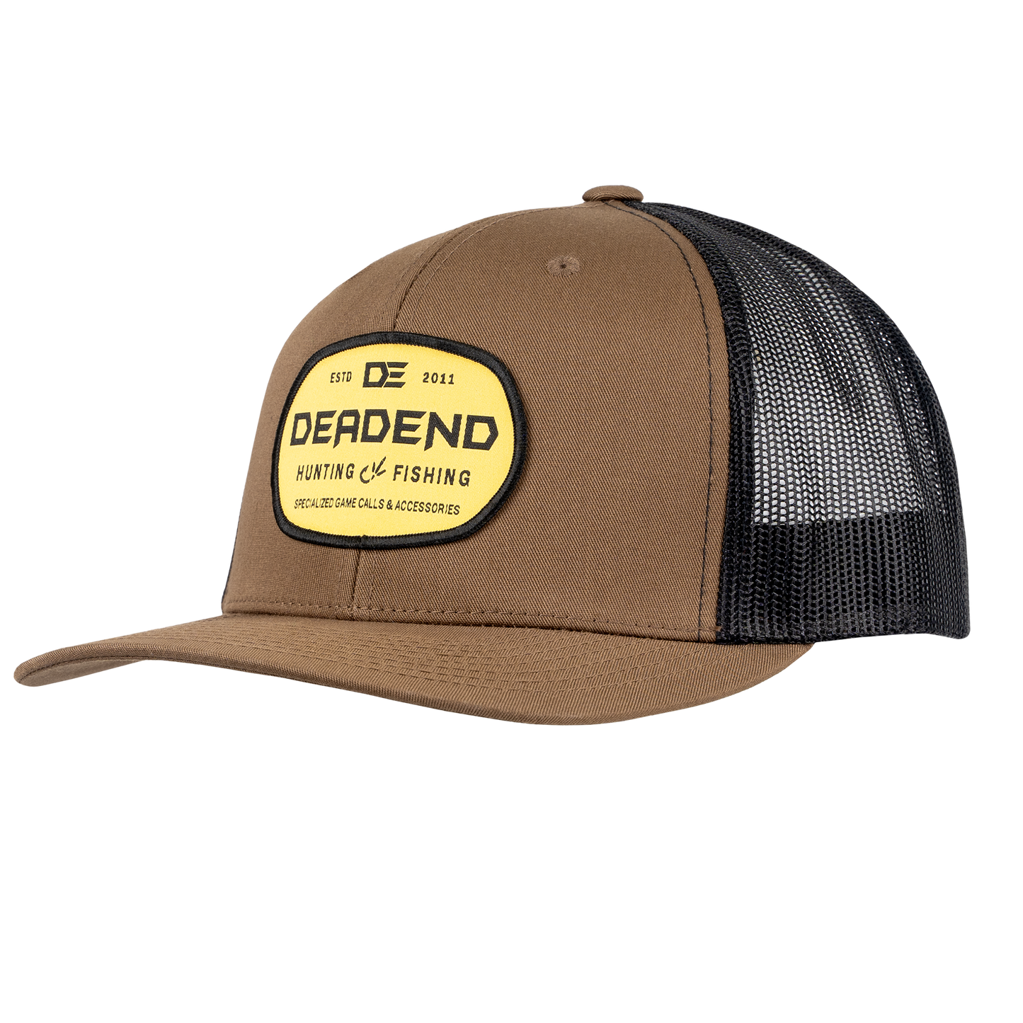 Yupoong Brown Front Black Back Trucker Yellow Woven Patch Hat