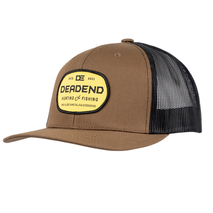 Yupoong Brown Front Black Back Trucker Yellow Woven Patch Hat