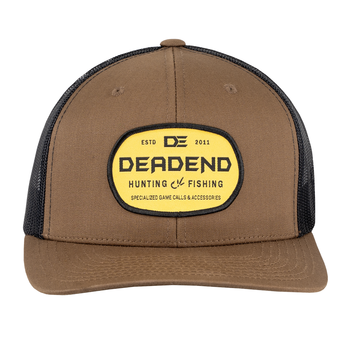 Yupoong Brown Front Black Back Trucker Yellow Woven Patch Hat